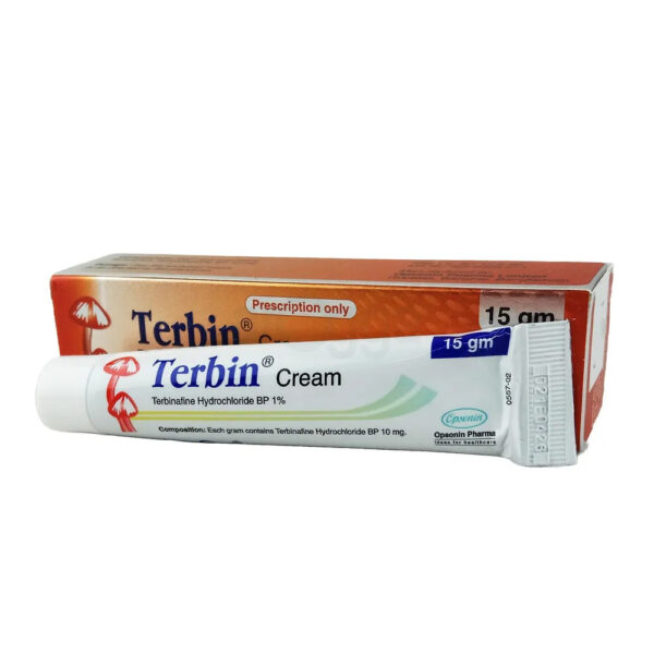 Terbin Cream tube packaging with product label, showing active ingredient and brand information.