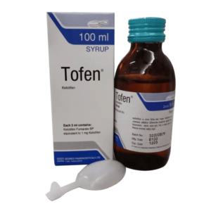 A bottle of Tofen 100 ml Syrup labeled as a preventive treatment for asthma and allergy symptoms.