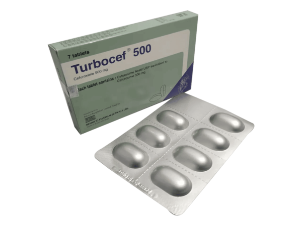 Turbocef 500mg tablets in blister packaging with a clear label of Beximco Pharmaceuticals Ltd.