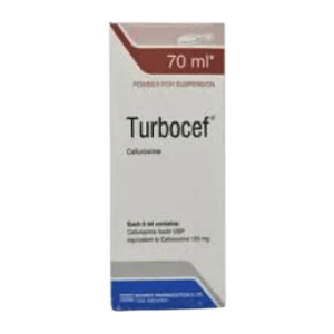 A bottle of Turbocef 70 ml powder for suspension, displaying the label with dosage information.