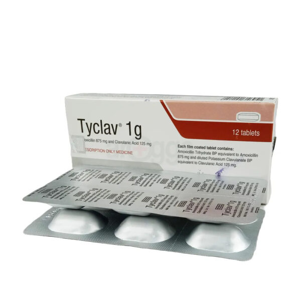 A pack of Tyclav 1g Tablets with detailed product information and dosage instructions.