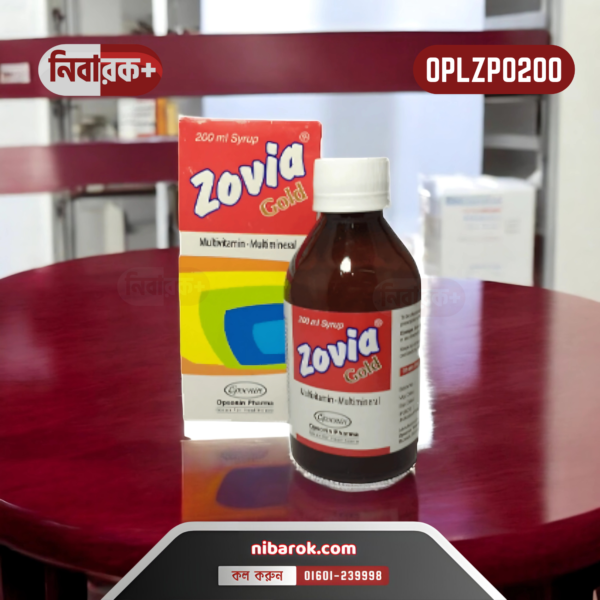 Zovia Gold 200 ml syrup bottle by Opsonin Pharma, a multivitamin and multimineral supplement.