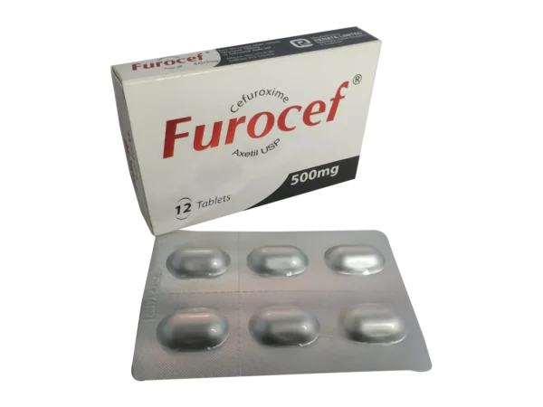 A strip of Furocef 500 tablets with a clear description of the dosage and manufacturer.