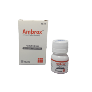 Image of Ambrox 15 ml Pediatric Drops packaging and bottle containing mucolytic medicine for respiratory disorders.