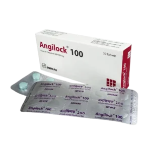 Image of Angilock 100 tablet strip labeled as Losartan Potassium 100mg for treating hypertension.