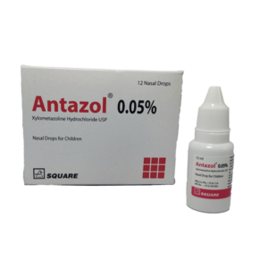 Image of Antazol 0.05% Nasal Drops bottle with clear labeling of Xylometazoline for children's nasal congestion.