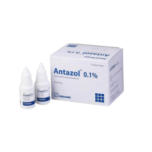 A small nasal drop bottle of Antazol 0.1%, branded with Xylometazoline as the active ingredient, by Square Pharmaceuticals.