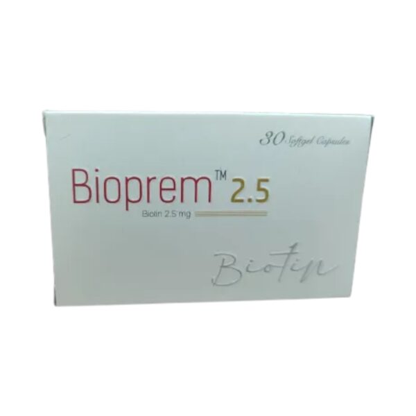 Bioprem 2.5 capsule packaging featuring Biotin 2500 mcg by Square Pharmaceuticals."