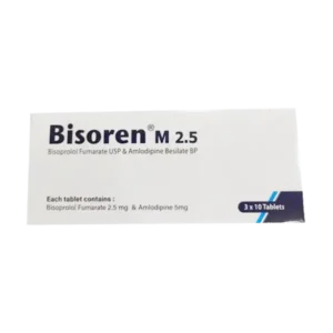 A blister pack of Bisoren M 2.5 tablets placed on a white background, highlighting its usage for hypertension treatment.