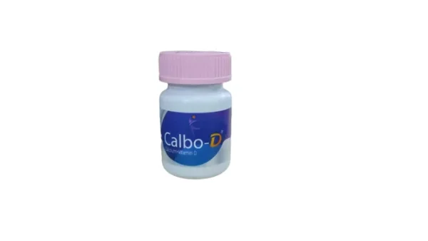 A pot of Calbo D tablets clearly labeled with the product name, dosage details, and branding by Square Pharmaceuticals Ltd.