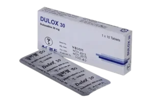 A blister pack of Dulox 30 tablets against a white background.