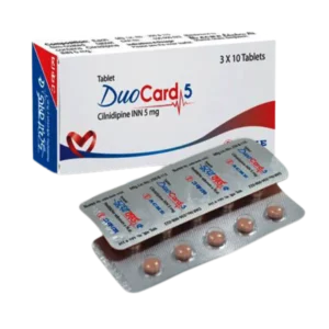 Duocard 5, containing Cilnidipine 5mg, is a calcium channel blocker that effectively reduces hypertension and protects against cardiovascular and renal complications.