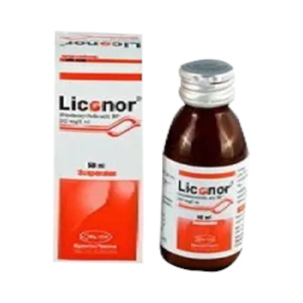 Liconor 50 ml oral suspension bottle with detailed labeling.