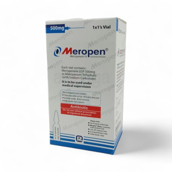 Meropenem 500mg injection vial for treating severe bacterial infections.