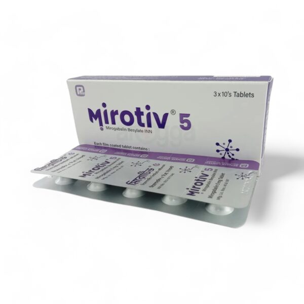 Image of Mirotiv 5 tablet box showing its composition of Mirogabalin Besylate 5 mg for neuropathic pain management.