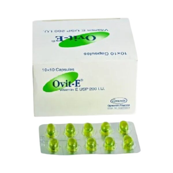 Ovit-E 200 capsule blister pack with product label by Opsonin Pharma Ltd.