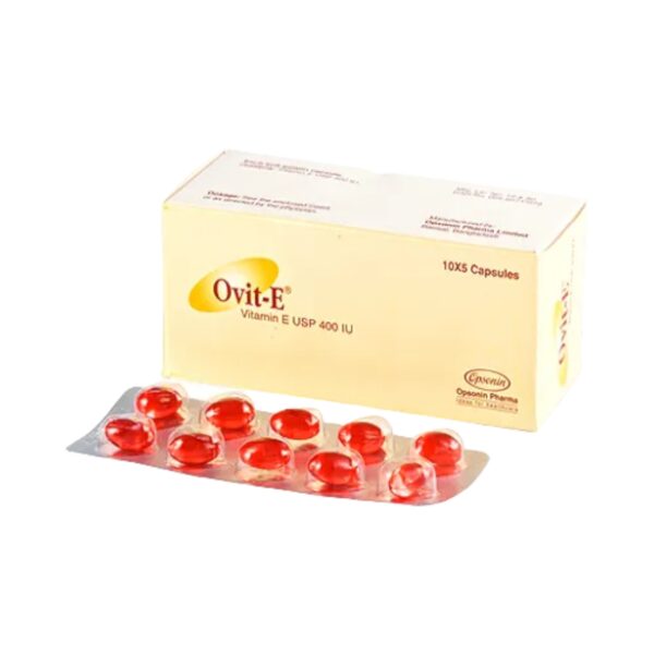 Ovit-E 400 Vitamin E capsule in packaging, providing 400 IU Alpha Tocopherol Acetate for antioxidant benefits.