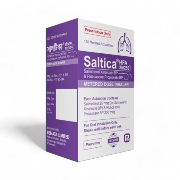 Image of Saltica 25/250 HFA inhaler, a combination asthma and COPD treatment by Renata Pharma Ltd.