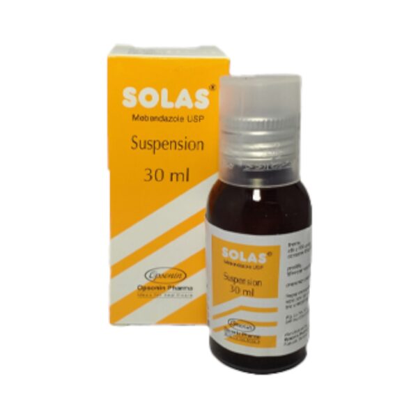 Bottle of Solas 30 ml Oral Suspension containing mebendazole 100 mg by Opsonin Pharma Limited.