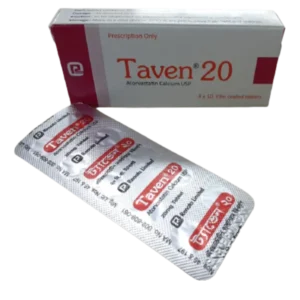 A white blister pack of Taven 20 tablets with detailed labeling.