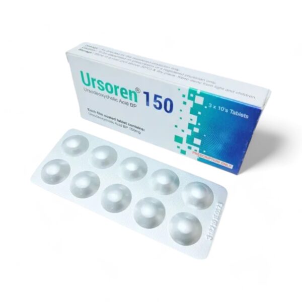 A close-up of Ursoren 150 tablet packaging, displaying the dosage and manufacturer information.