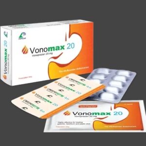 Vonomax 20mg tablet packaging displaying essential medication details and indication for acid-related gastrointestinal disorders.