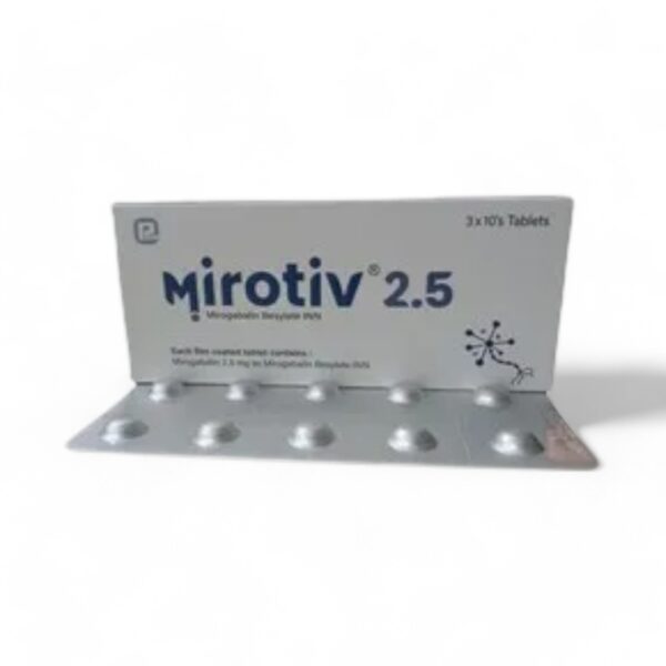 Image of Mirotiv 2.5 mg tablet packaging, highlighting its composition and therapeutic use for neuropathic pain relief.