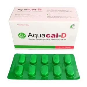 Aquacal-D tablet blister pack with dosage details and manufacturer information.