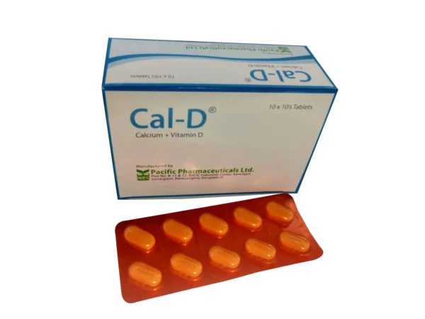 Image of Cal-D tablet box and blister pack showing brand name, dosage, and manufacturer details.