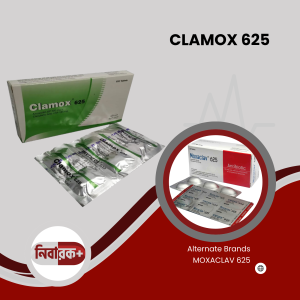 Image of Clamox 625 tablet box and blister pack showing the brand name, dosage, and manufacturer details.