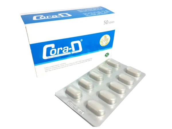 Cora-D Tablet pack containing Coral Calcium and Vitamin D3 for bone health.