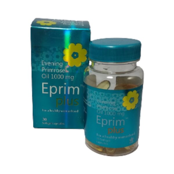 Image of Eprim Plus capsules in a sleek, branded container, showcasing product details and benefits for skin, nails, and hormonal health.