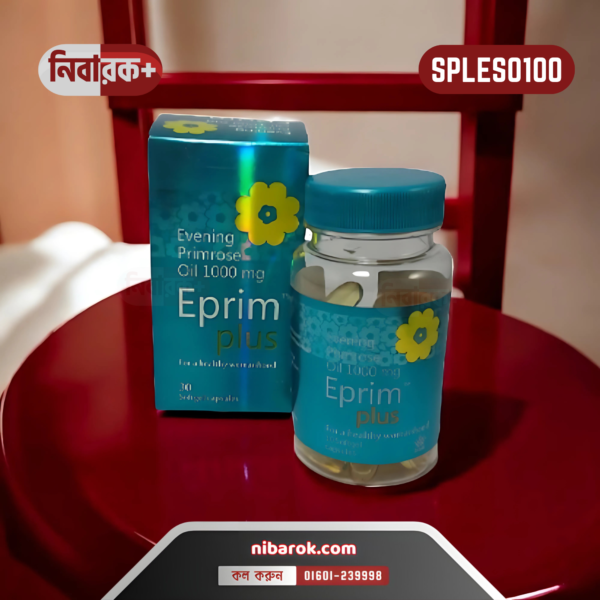 Image of Eprim Plus capsules in a sleek, branded container, showcasing product details and benefits for skin, nails, and hormonal health.