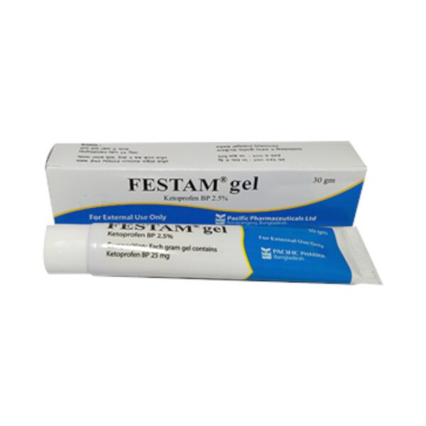 Festam 30 (Ketoprofen 2.5%) gel pack from Pacific Pharmaceuticals Ltd. for pain and inflammation relief.