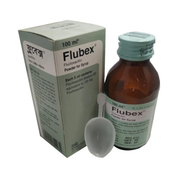 Flubex 100 ml suspension bottle and packaging, an antibiotic containing Flucloxacillin Sodium for bacterial infections.