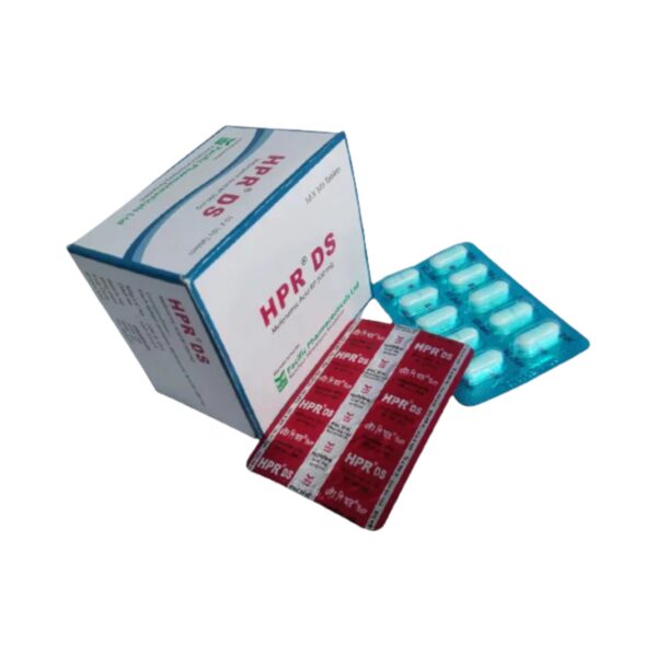 HPR DS (Mefenamic Acid 500mg) tablet pack from Pacific Pharmaceuticals Ltd., a pain relief and anti-inflammatory medication.