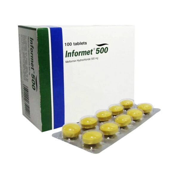 Informet 500 tablet pack and blister strip, containing Metformin Hydrochloride 500mg for type 2 diabetes management.