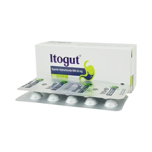 Itogut 50mg tablet packaging displaying Itopride Hydrochloride 50mg with clear labeling