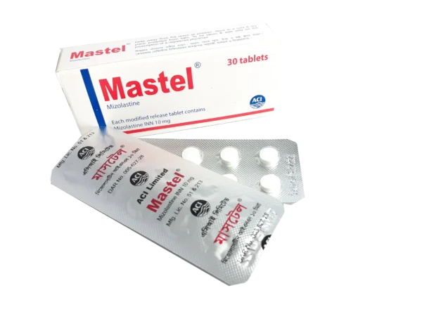 Image of Mastel 10 mg tablet box and blister pack.