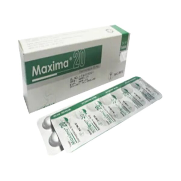 Maxima 20 Esomeprazole 20mg blister pack by The ACME Laboratories Ltd on a white surface.