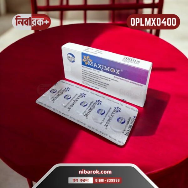 Caption, and Image Description Alt Text: A blister pack of Maximox 400 mg tablets, a prescription antibiotic by Orion Pharma Ltd.