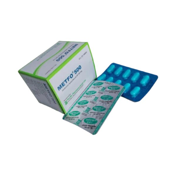 Metfo 500 (Metformin Hydrochloride 500mg) tablet pack from Pacific Pharmaceuticals Ltd. for Type 2 diabetes management.