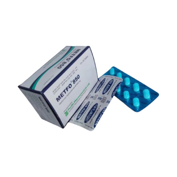 Metfo 850 (Metformin Hydrochloride 850mg) tablet pack from Pacific Pharmaceuticals Ltd. for Type 2 diabetes management.