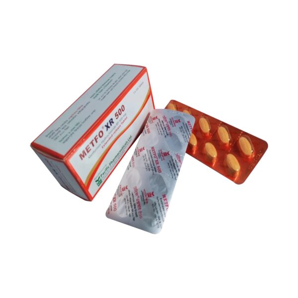 Metfo XR 500 (Metformin Hydrochloride 500mg Extended Release) tablet pack from Pacific Pharmaceuticals Ltd. for Type 2 diabetes management.