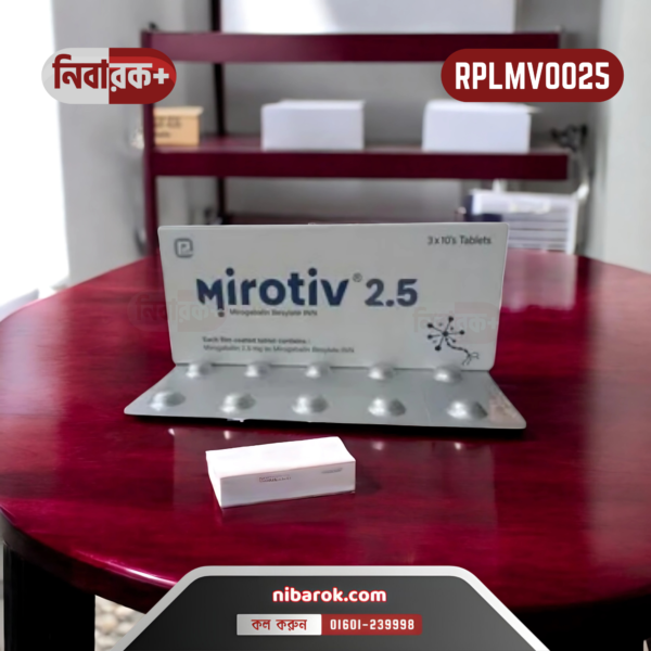 Image of Mirotiv 2.5 mg tablet packaging, highlighting its composition and therapeutic use for neuropathic pain relief.