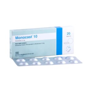 Monocast 10 tablet pack and blister strip, containing Montelukast Sodium 10mg for asthma and allergy relief.