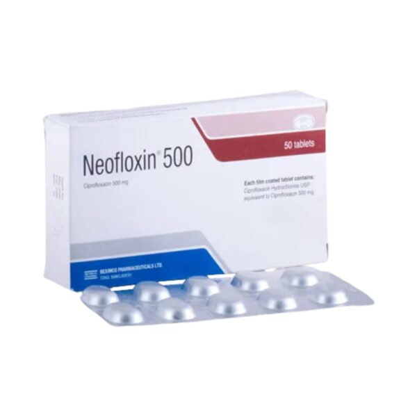 Neofloxin 500 tablet blister pack containing Ciprofloxacin 500mg, an antibiotic for bacterial infections.