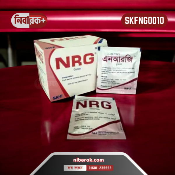 NRG 10 Oral Powder sachet with clear labeling and dosage information.