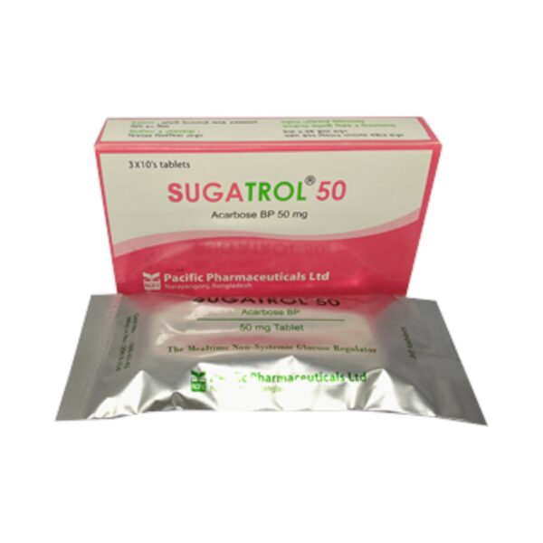 Sugatrol 50 (Acarbose 50mg) tablet pack from Pacific Pharmaceuticals Ltd. for Type 2 diabetes management.