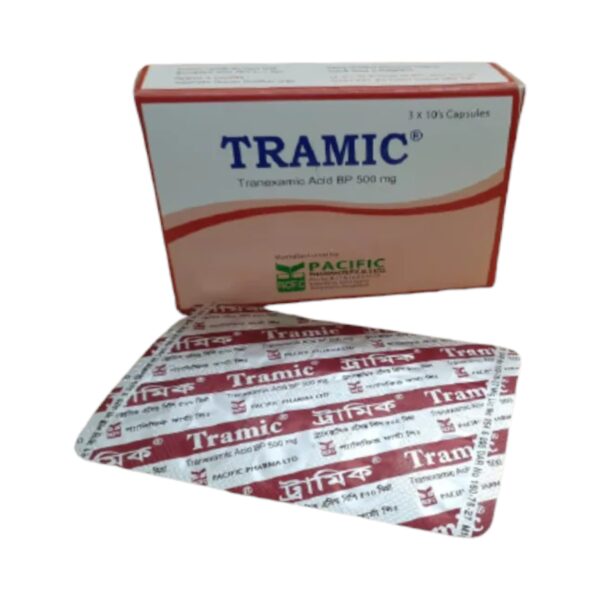 Tramic (Tranexamic Acid 500mg) capsule pack from Pacific Pharmaceuticals Ltd. for bleeding disorders and surgical bleeding control.